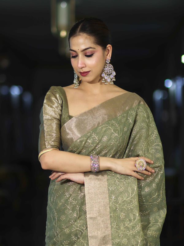 Banarasee Handloom Tissue Saree With Zari Thread Floral Embroidery & Border-Moss Green