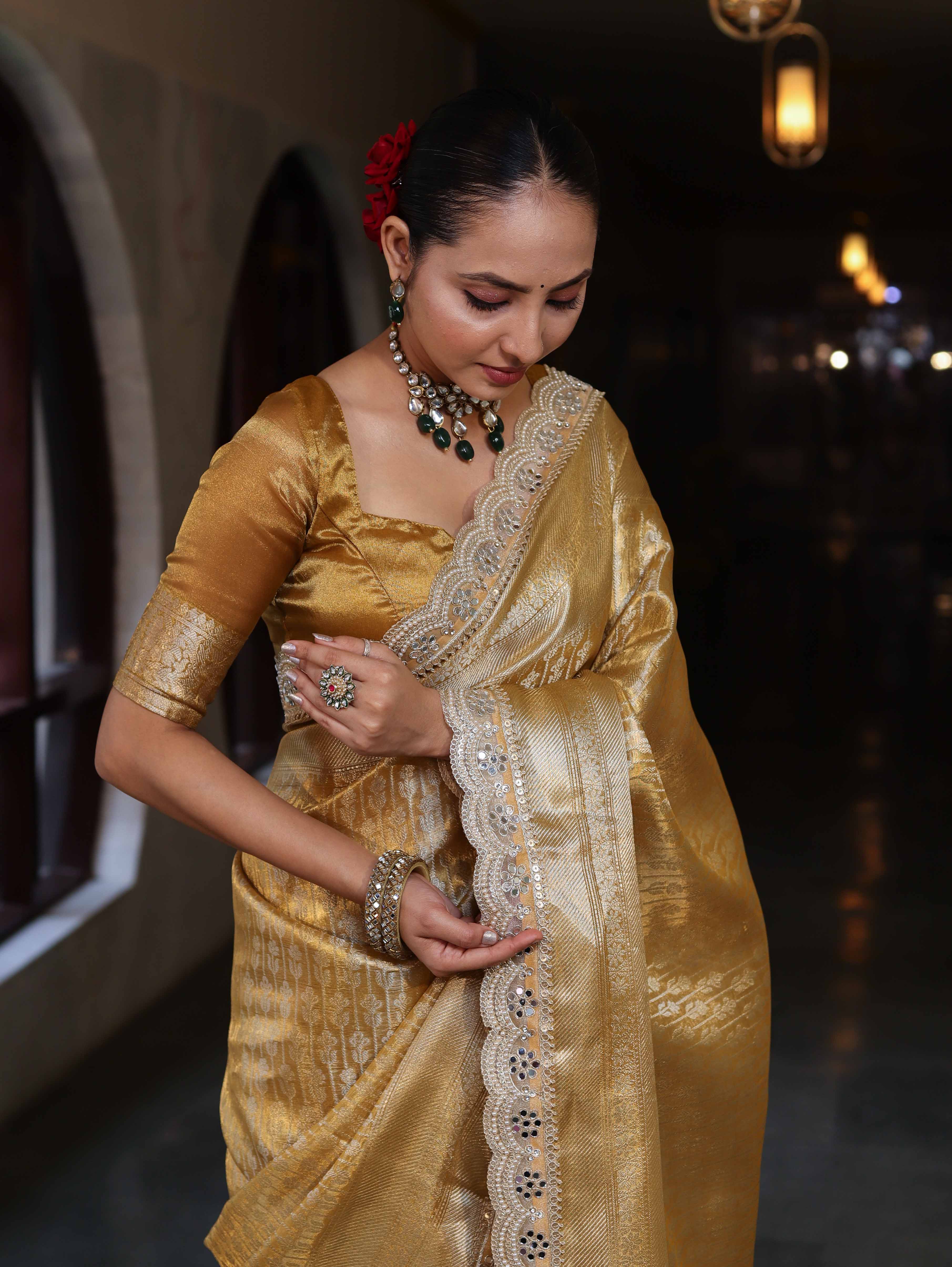 Banarasee Handwoven Tissue Saree With Zari Woven Design Broad Border & Lace-Gold