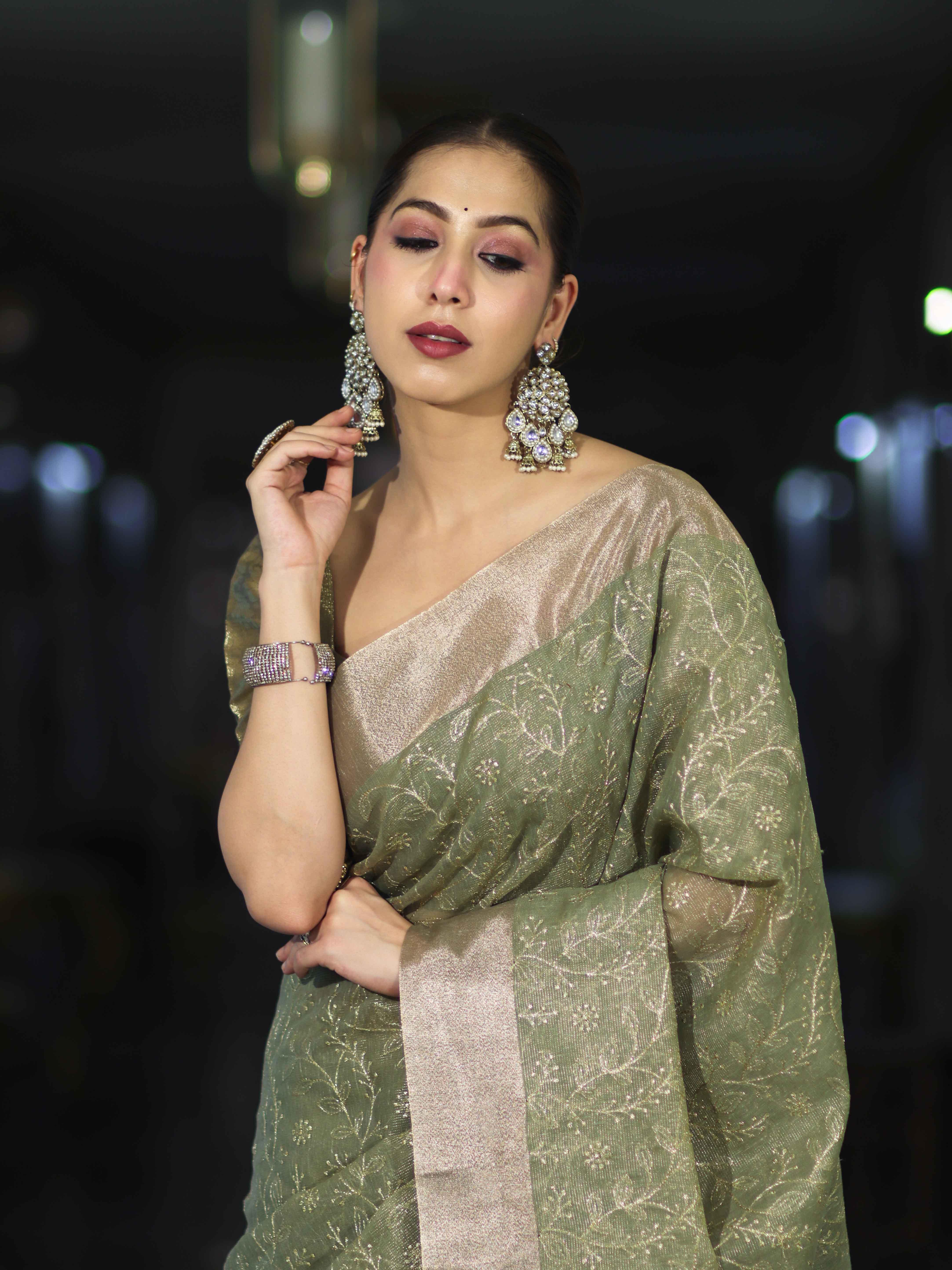 Banarasee Handloom Tissue Saree With Zari Thread Floral Embroidery & Border-Moss Green