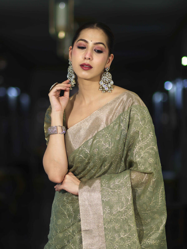 Banarasee Handloom Tissue Saree With Zari Thread Floral Embroidery & Border-Moss Green