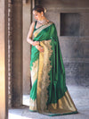 Banarasee Handloom Plain Semi Katan Saree With Ganga Ghat Zari Border-Green