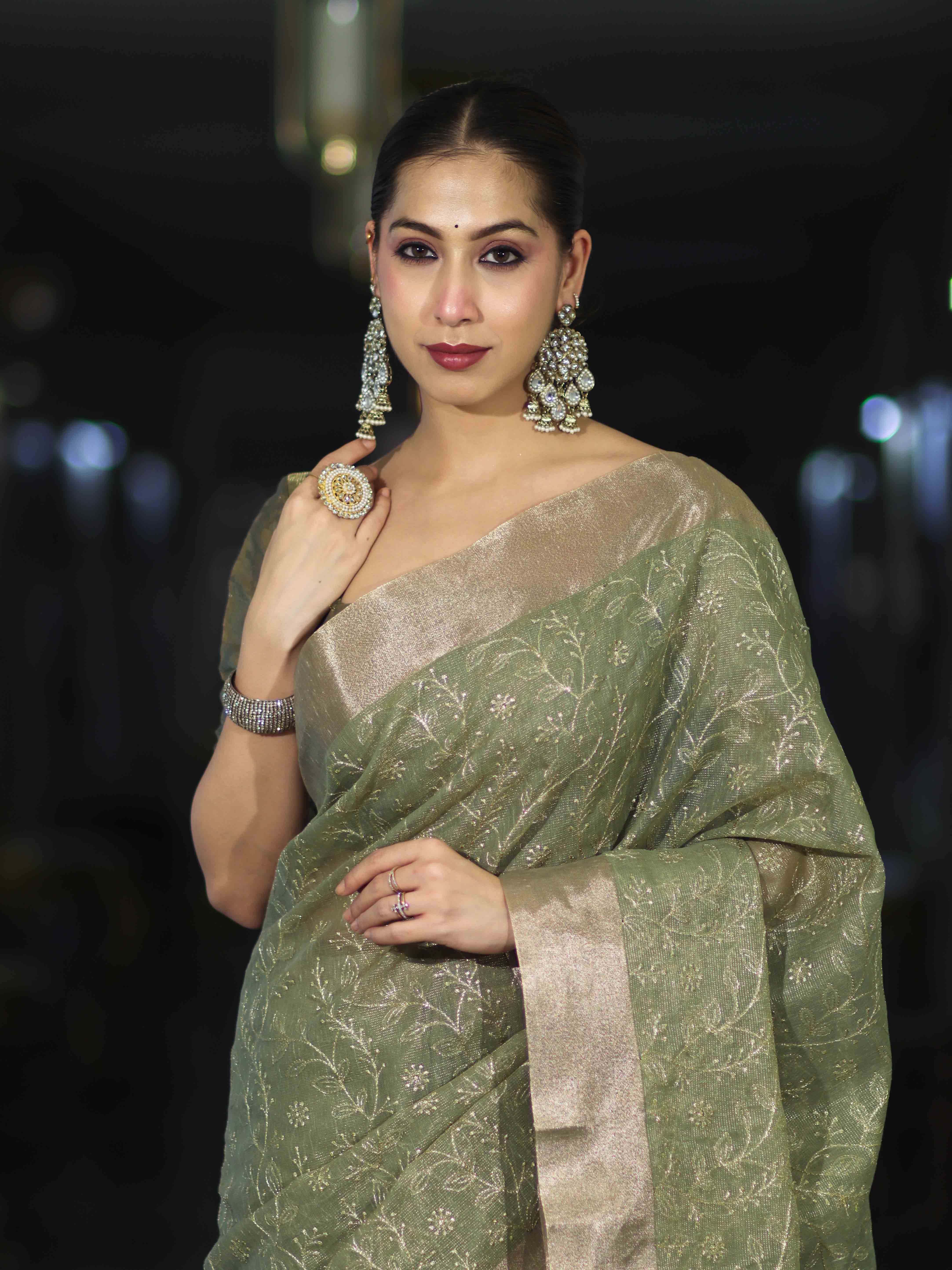 Banarasee Handloom Tissue Saree With Zari Thread Floral Embroidery & Border-Moss Green