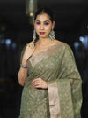 Banarasee Handloom Tissue Saree With Zari Thread Floral Embroidery & Border-Moss Green