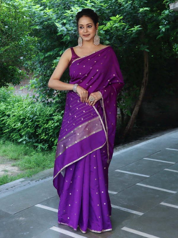 Banarasee Handwoven Semi Silk Saree With Zari Buti Design & Lace-Purple