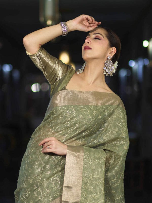 Banarasee Handloom Tissue Saree With Zari Thread Floral Embroidery & Border-Moss Green