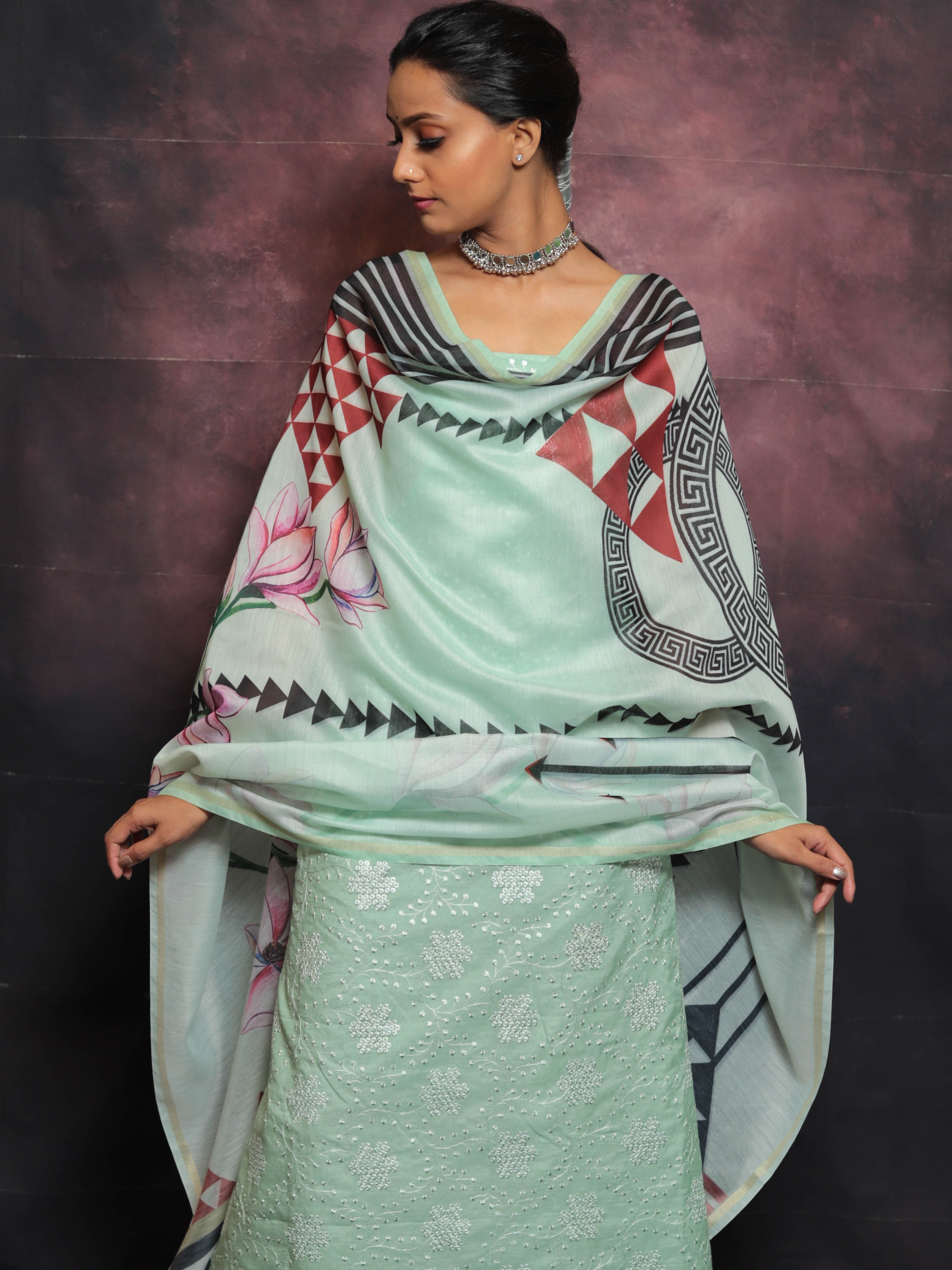 Banarasee Embroidered Chanderi Salwar Kameez With Digital Print Dupatta-Green