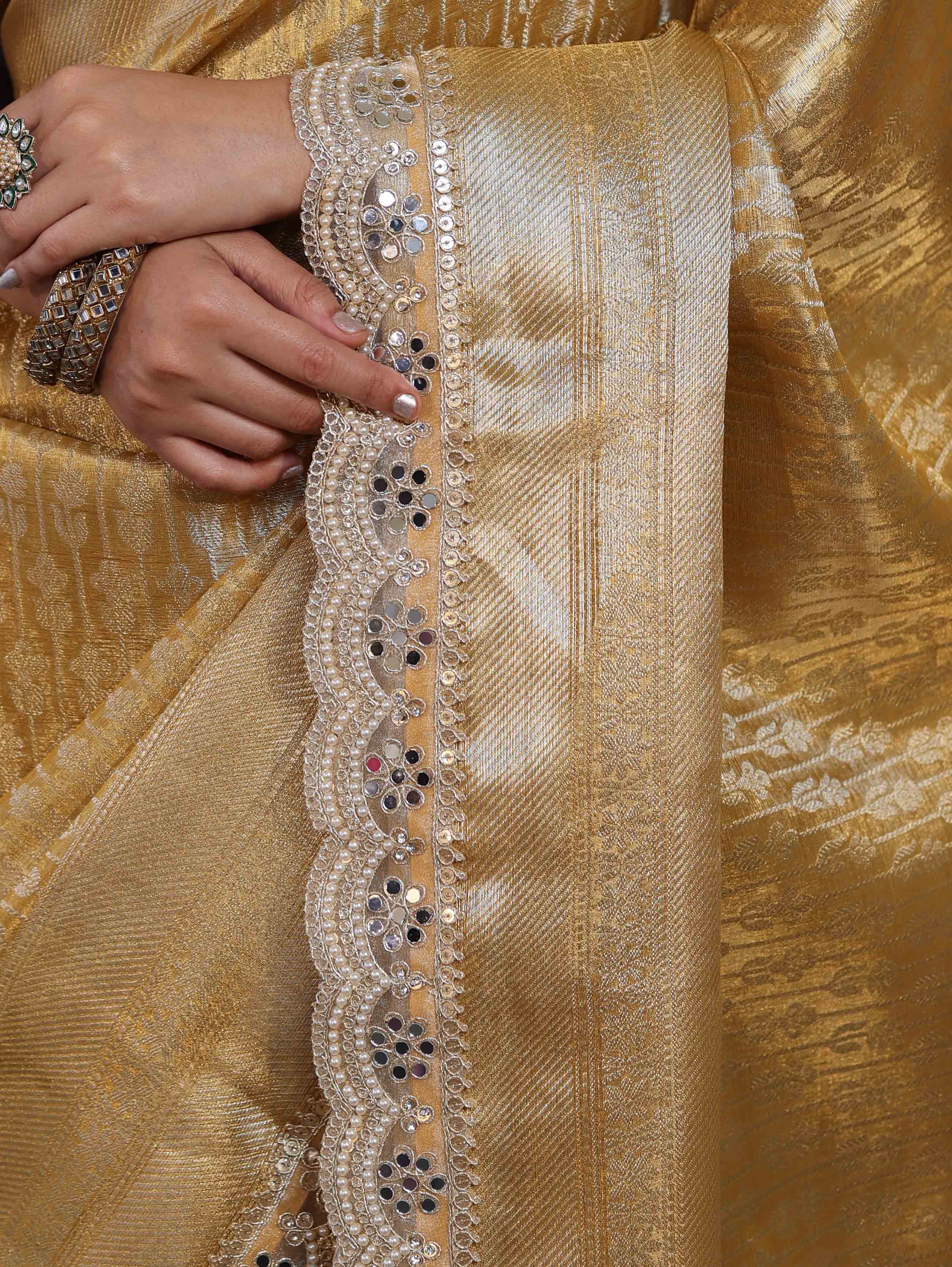 Banarasee Handwoven Tissue Saree With Zari Woven Design Broad Border & Lace-Gold