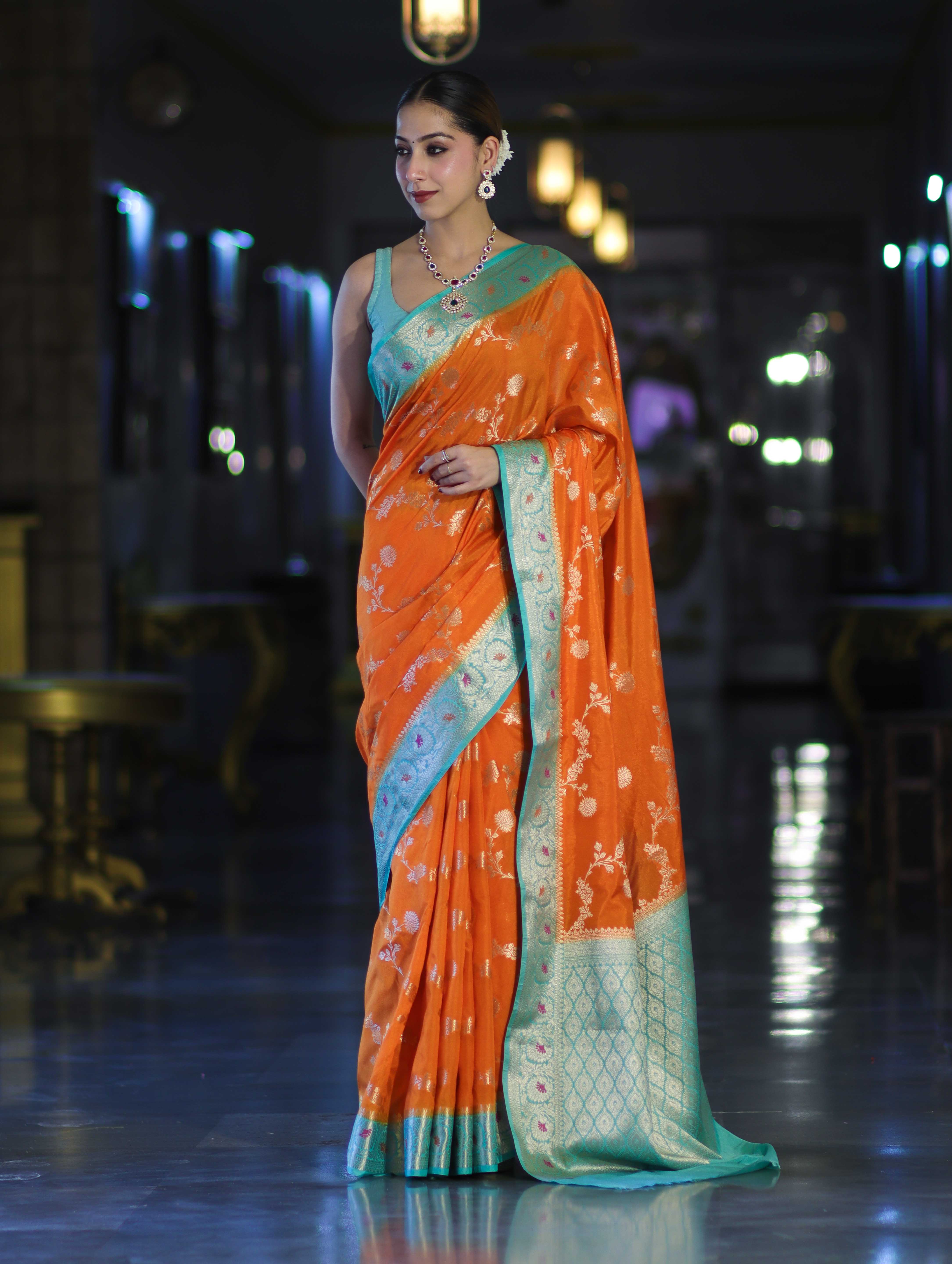 Banarasee Handloom Semi Silk Saree With Zari Woven Design & Contrast Border-Orange