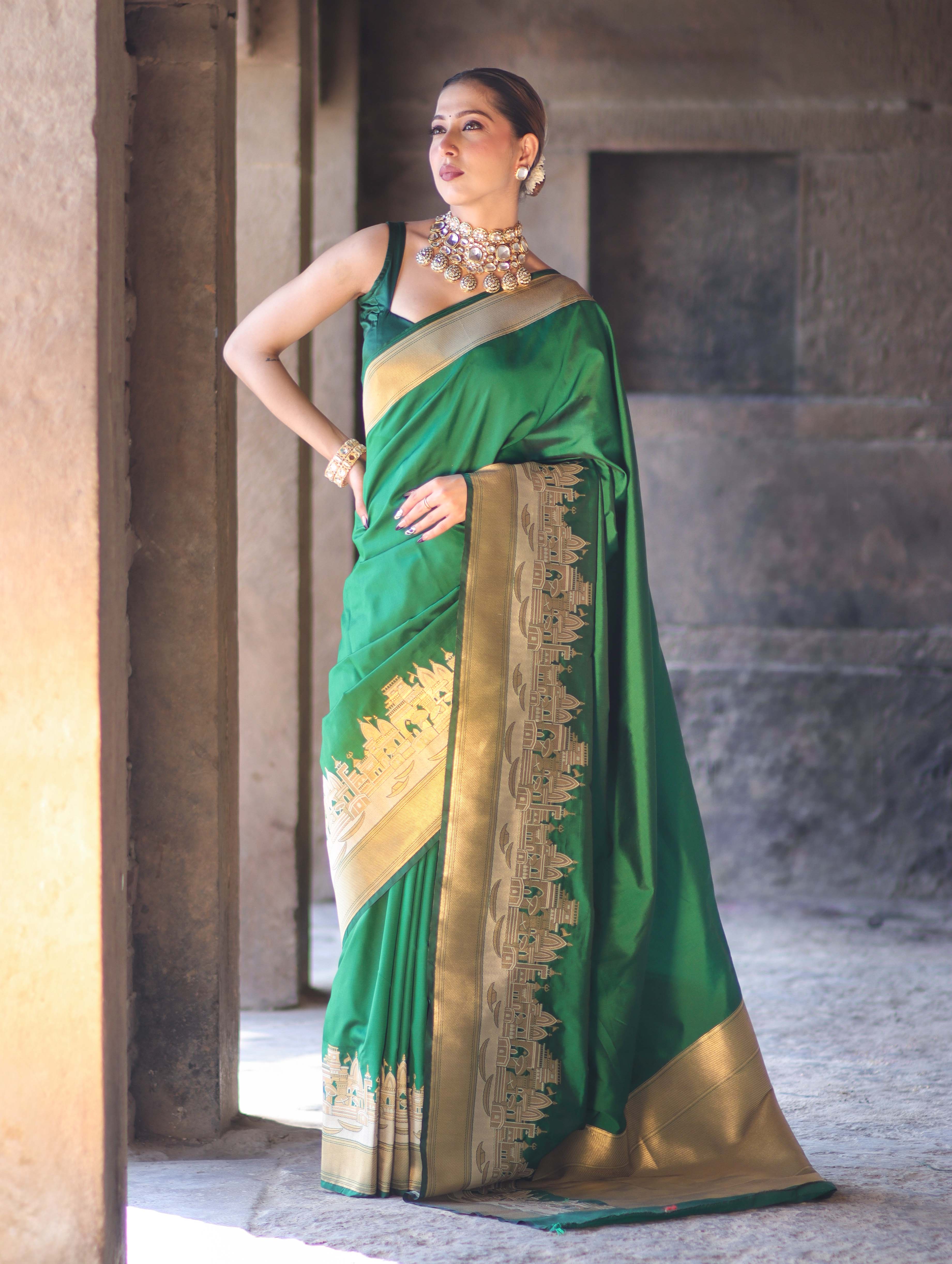 Banarasee Handloom Plain Semi Katan Saree With Ganga Ghat Zari Border-Green