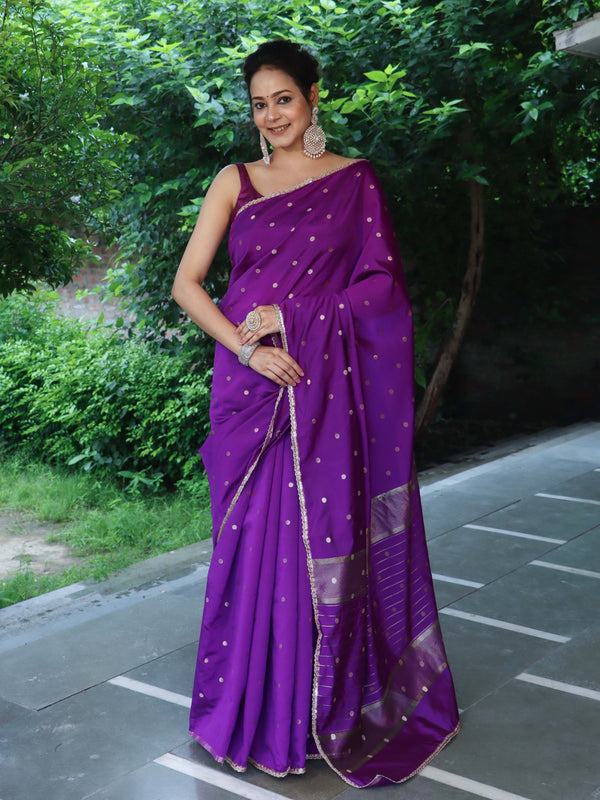 Banarasee Handwoven Semi Silk Saree With Zari Buti Design & Lace-Purple