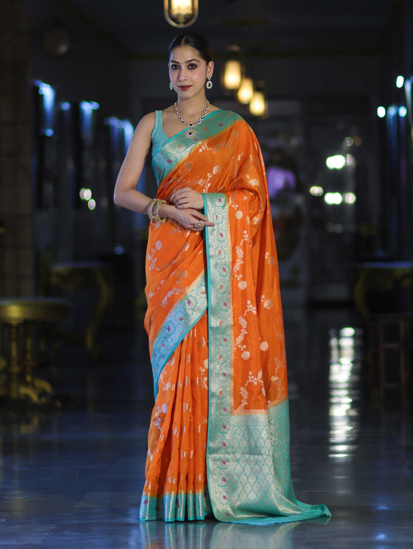 Banarasee Handloom Semi Silk Saree With Zari Woven Design & Contrast Border-Orange