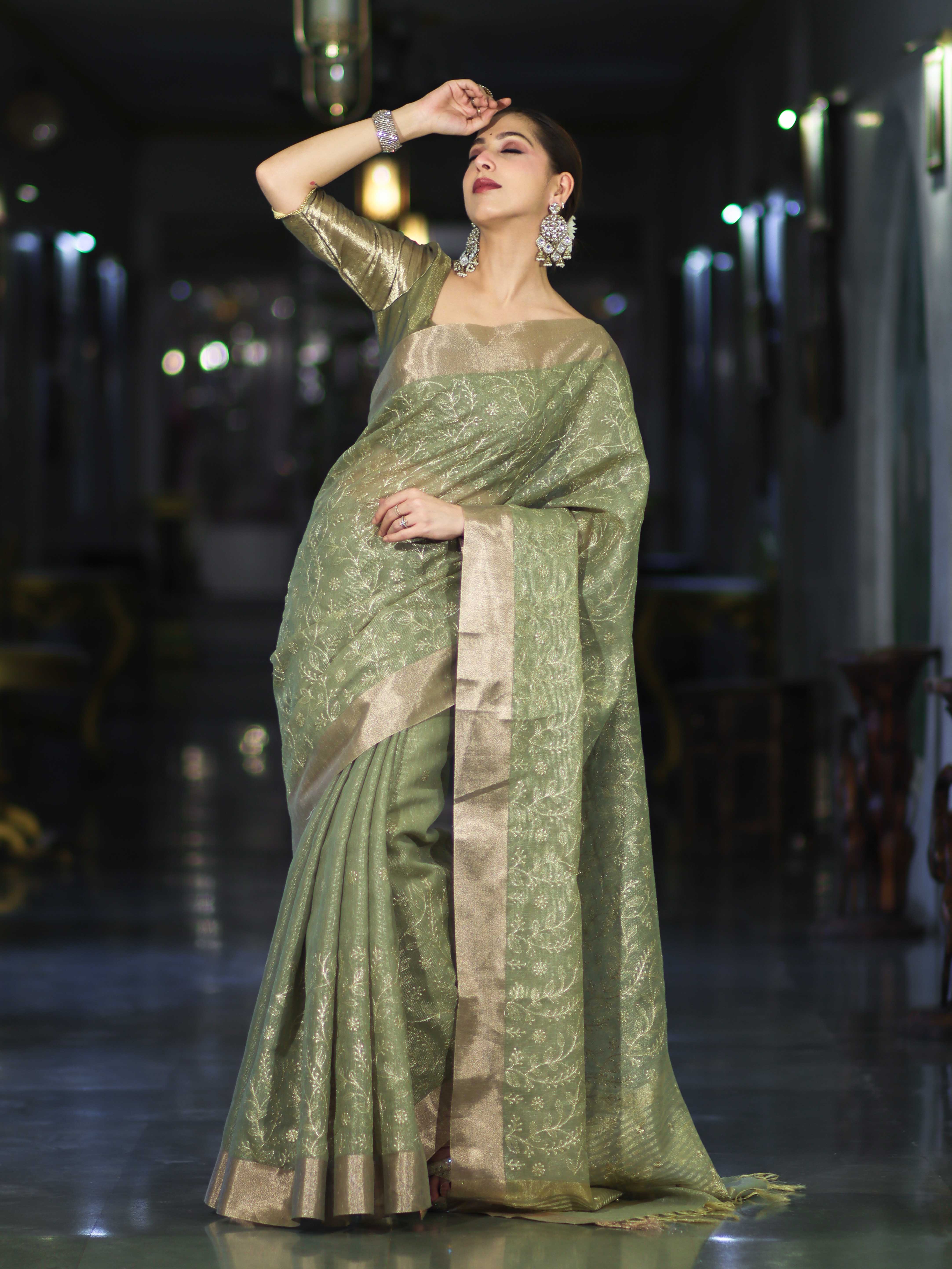 Banarasee Handloom Tissue Saree With Zari Thread Floral Embroidery & Border-Moss Green