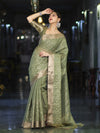 Banarasee Handloom Tissue Saree With Zari Thread Floral Embroidery & Border-Moss Green