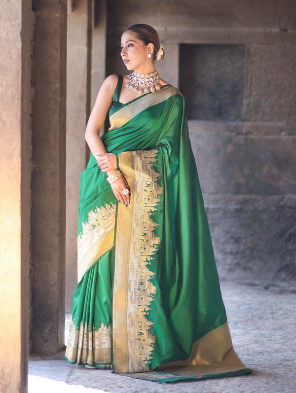 Banarasee Handloom Plain Semi Katan Saree With Ganga Ghat Zari Border-Green