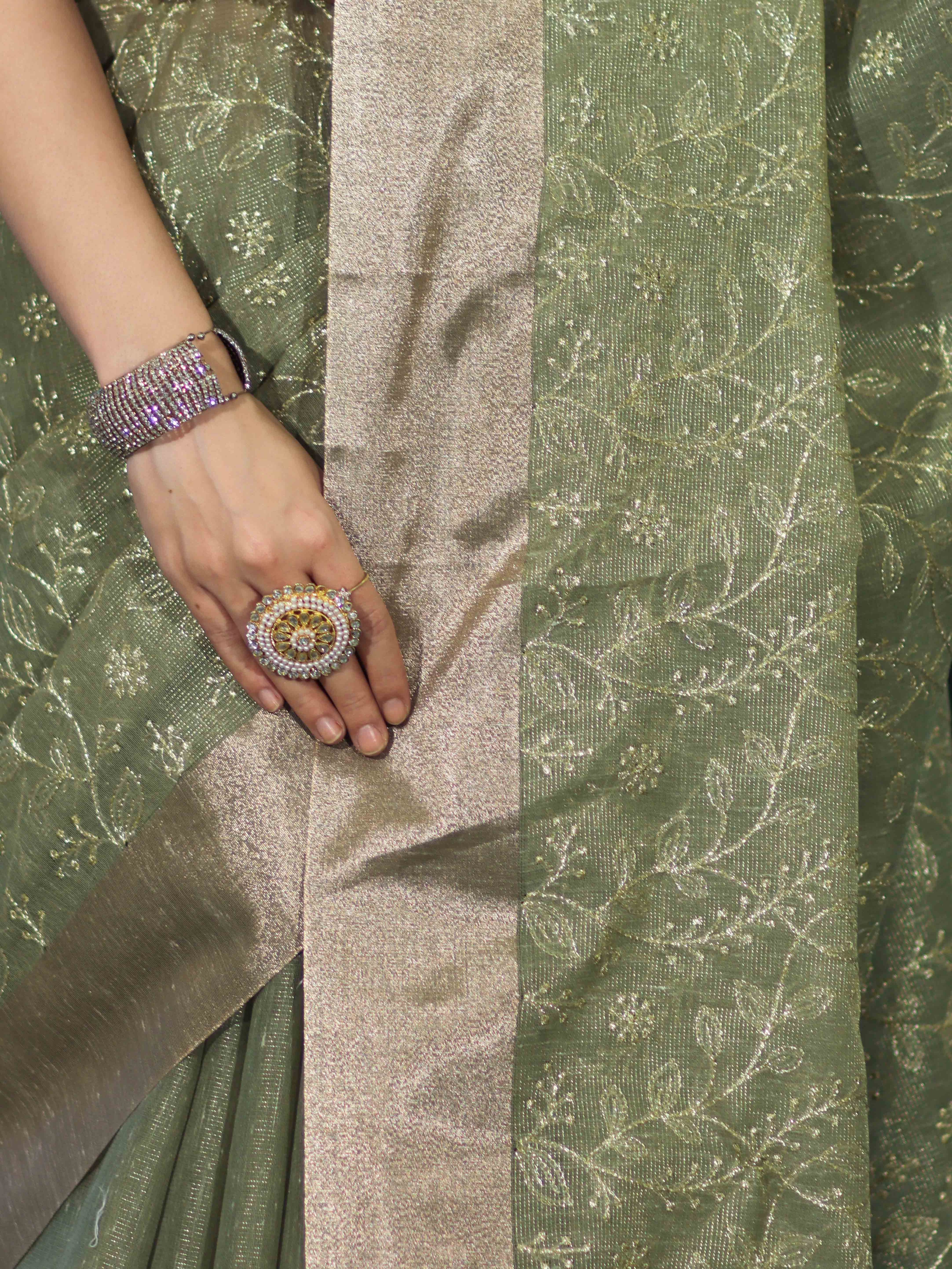 Banarasee Handloom Tissue Saree With Zari Thread Floral Embroidery & Border-Moss Green