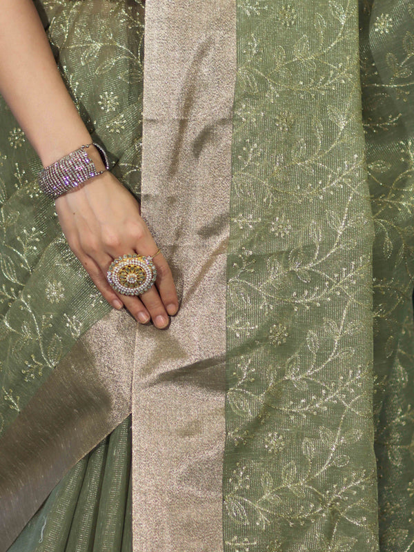 Banarasee Handloom Tissue Saree With Zari Thread Floral Embroidery & Border-Moss Green