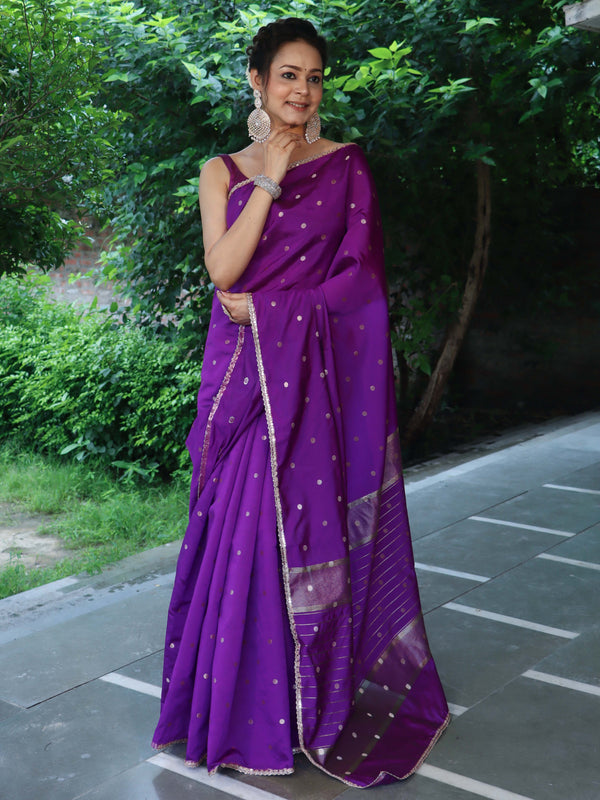 Banarasee Handwoven Semi Silk Saree With Zari Buti Design & Lace-Purple