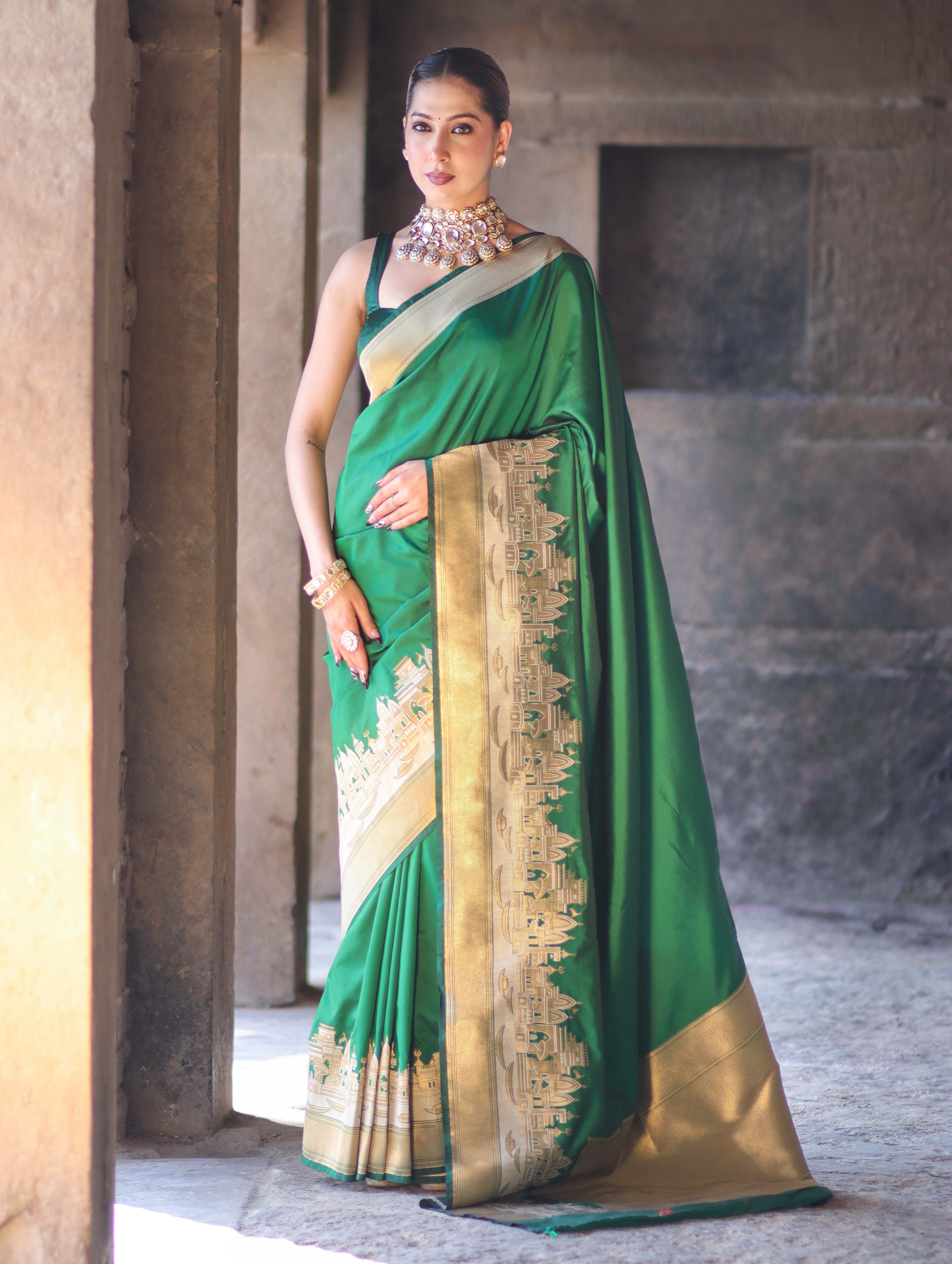Banarasee Handloom Plain Semi Katan Saree With Ganga Ghat Zari Border-Green