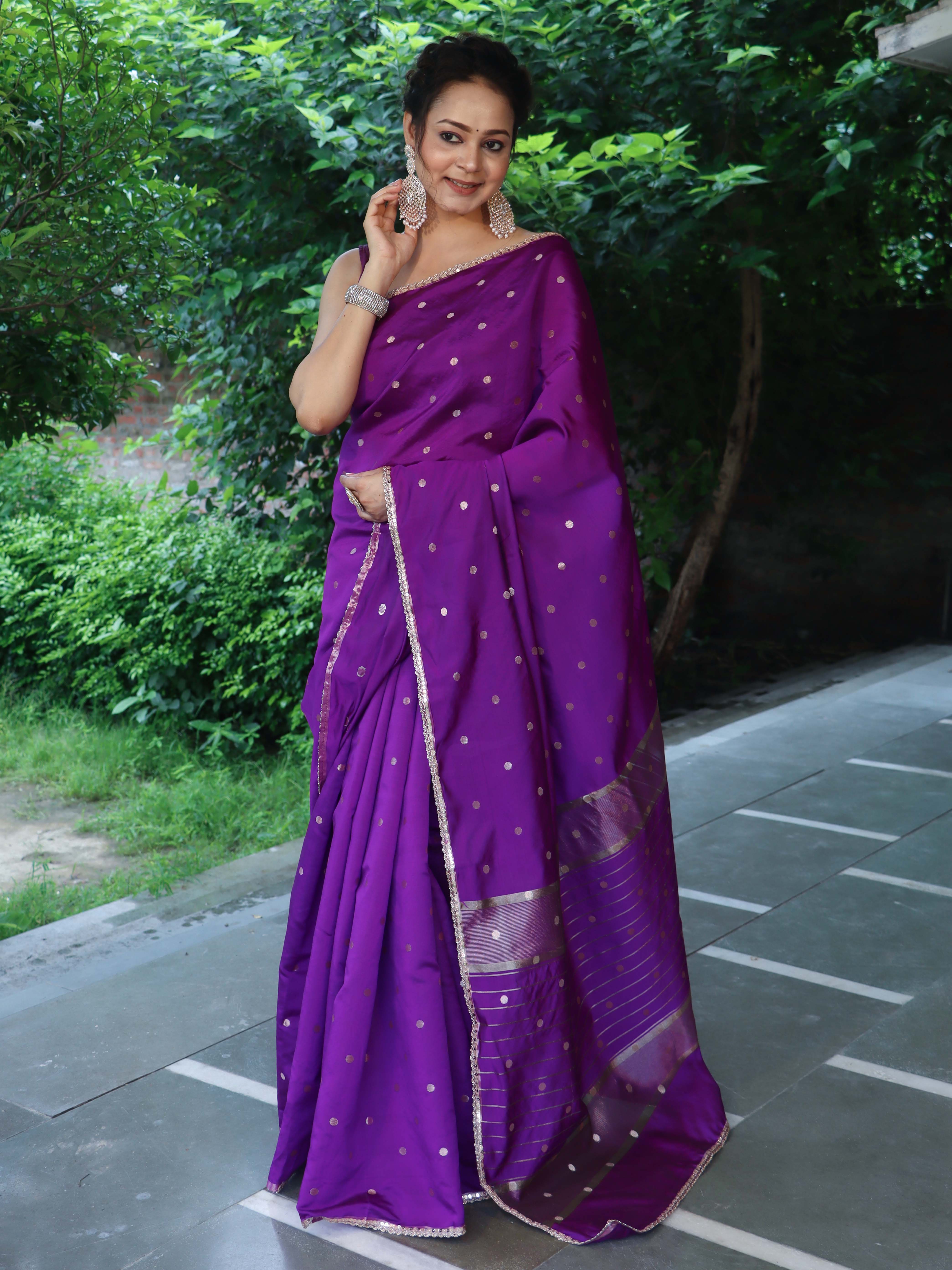 Banarasee Handwoven Semi Silk Saree With Zari Buti Design & Lace-Purple