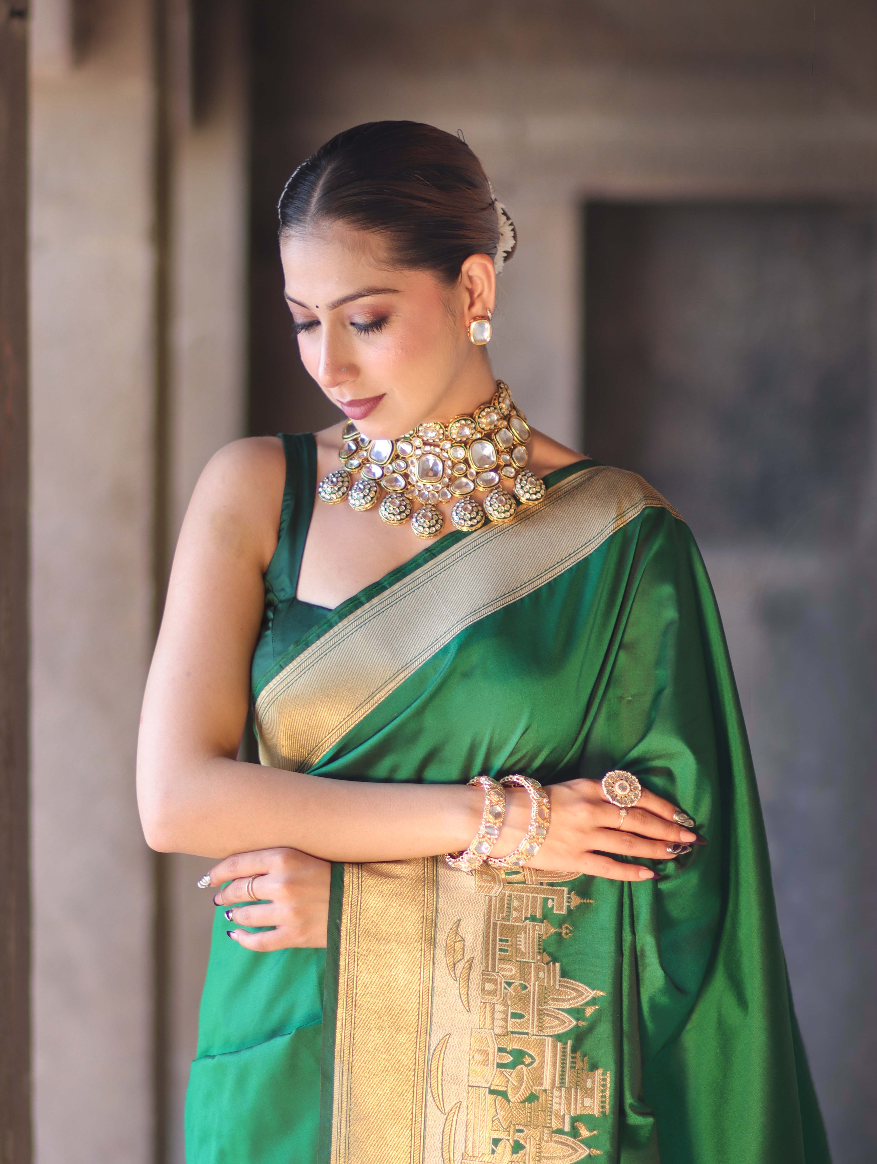 Banarasee Handloom Plain Semi Katan Saree With Ganga Ghat Zari Border-Green