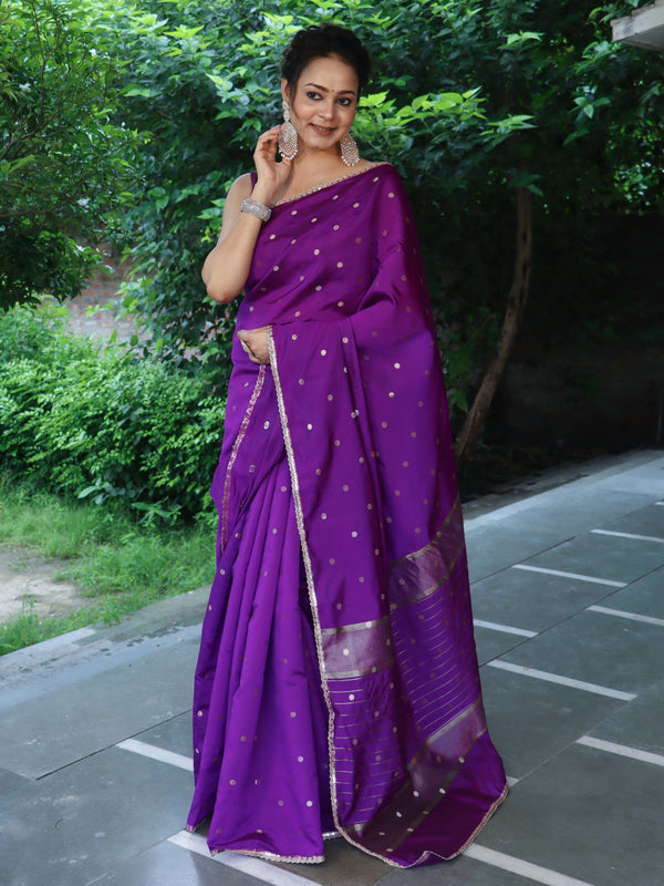 Banarasee Handwoven Semi Silk Saree With Zari Buti Design & Lace-Purple