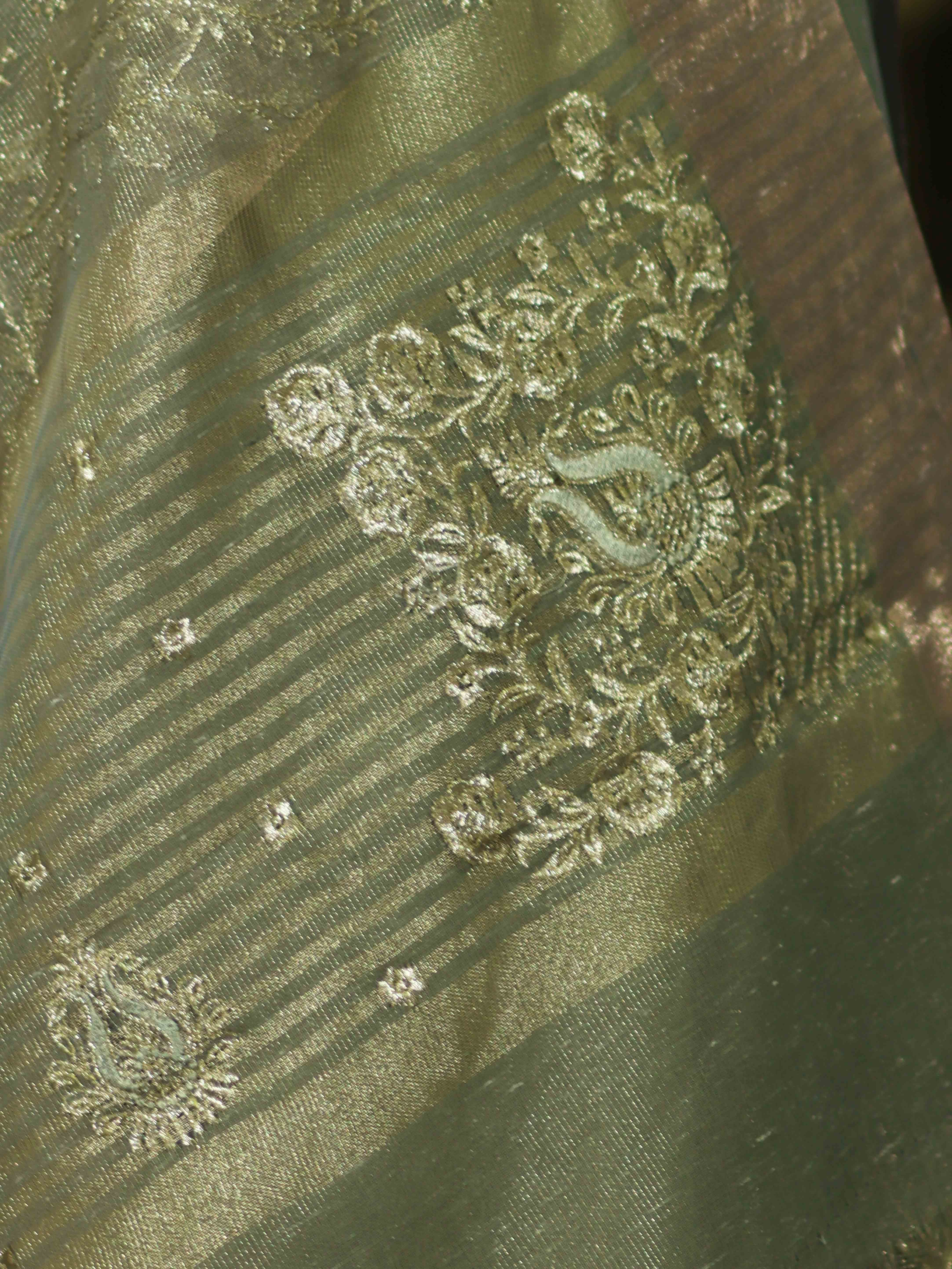Banarasee Handloom Tissue Saree With Zari Thread Floral Embroidery & Border-Moss Green