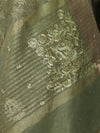 Banarasee Handloom Tissue Saree With Zari Thread Floral Embroidery & Border-Moss Green