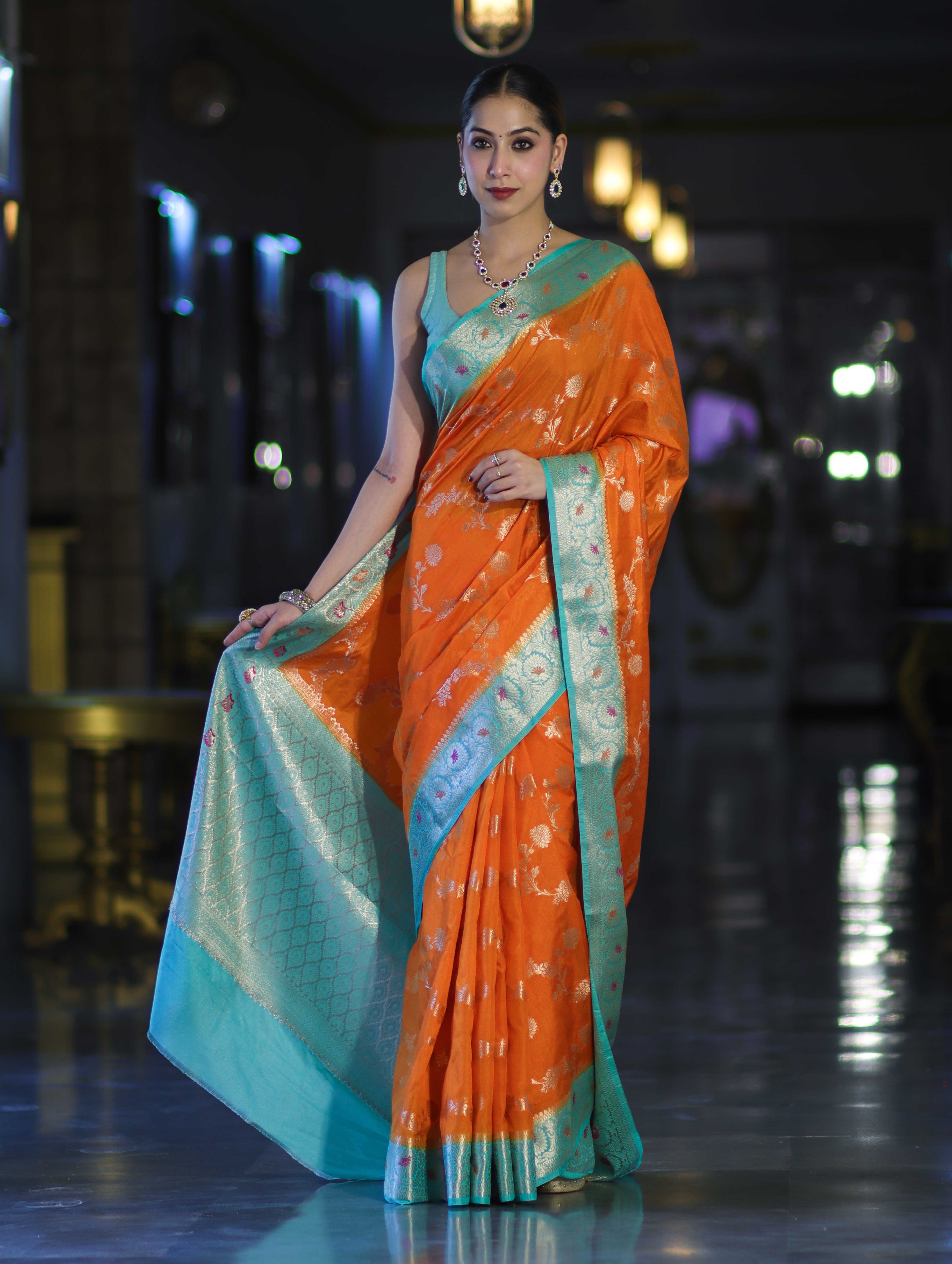 Banarasee Handloom Semi Silk Saree With Zari Woven Design & Contrast Border-Orange
