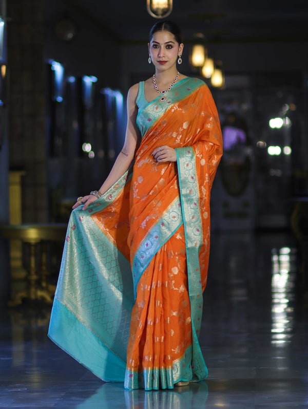Banarasee Handloom Semi Silk Saree With Zari Woven Design & Contrast Border-Orange