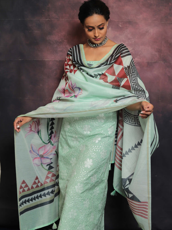 Banarasee Embroidered Chanderi Salwar Kameez With Digital Print Dupatta-Green