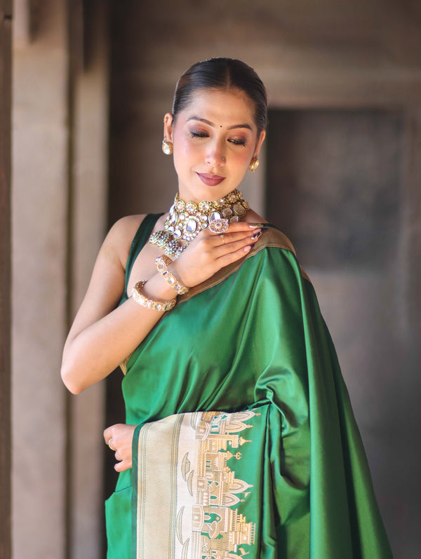 Banarasee Handloom Plain Semi Katan Saree With Ganga Ghat Zari Border-Green