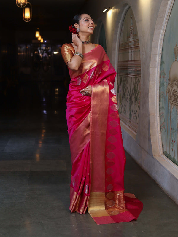 Banarasee Handloom Semi Silk Saree With Sona Rupa Zari Buti Design & Contrast Border-Fuchsia Pink