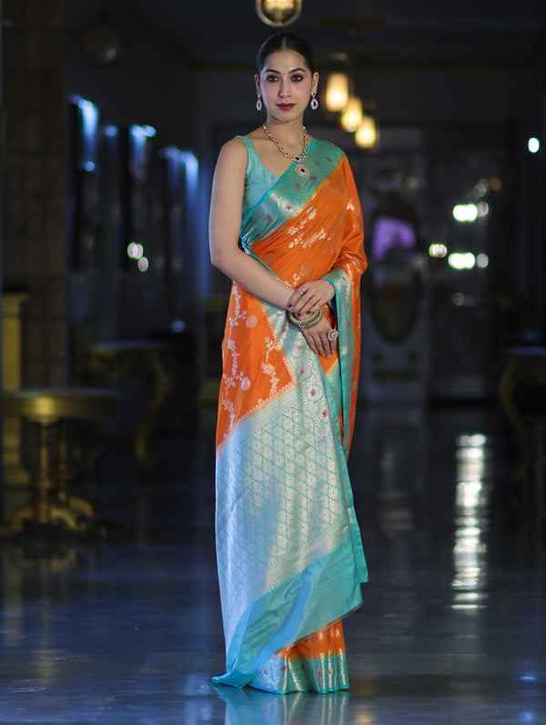 Banarasee Handloom Semi Silk Saree With Zari Woven Design & Contrast Border-Orange
