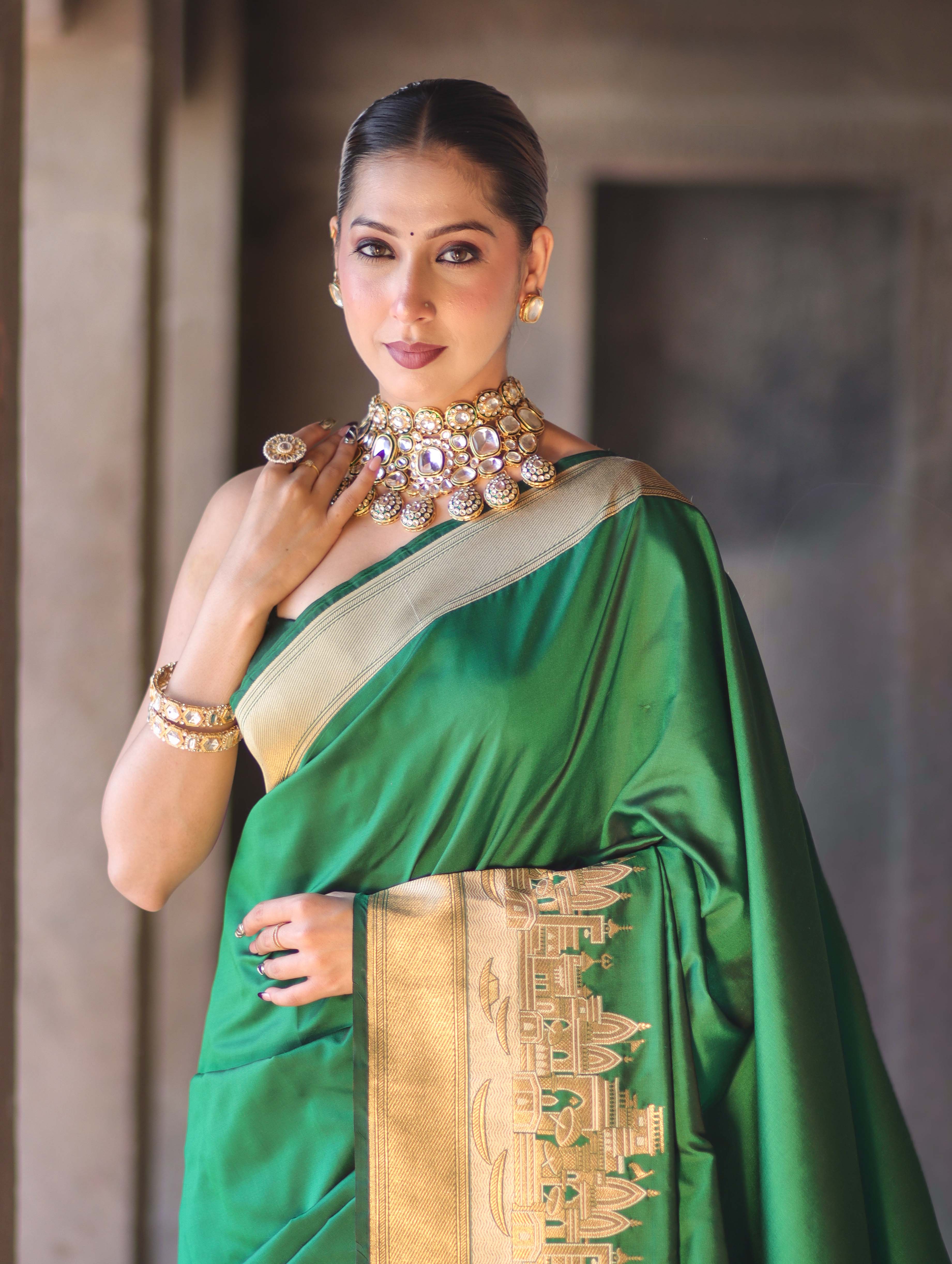 Banarasee Handloom Plain Semi Katan Saree With Ganga Ghat Zari Border-Green