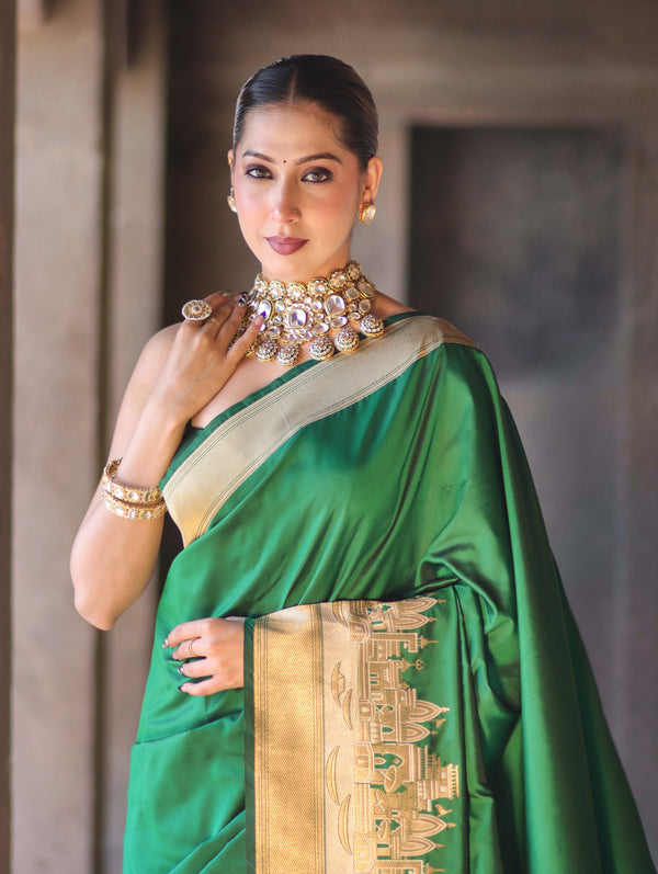 Banarasee Handloom Plain Semi Katan Saree With Ganga Ghat Zari Border-Green