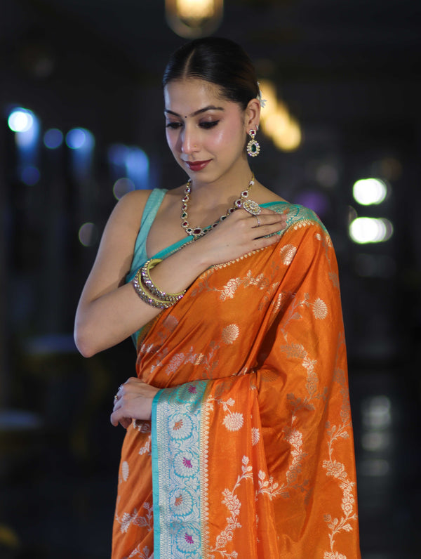Banarasee Handloom Semi Silk Saree With Zari Woven Design & Contrast Border-Orange