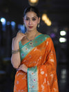 Banarasee Handloom Semi Silk Saree With Zari Woven Design & Contrast Border-Orange