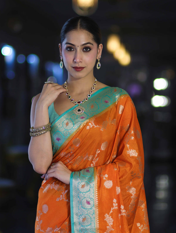 Banarasee Handloom Semi Silk Saree With Zari Woven Design & Contrast Border-Orange