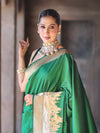 Banarasee Handloom Plain Semi Katan Saree With Ganga Ghat Zari Border-Green