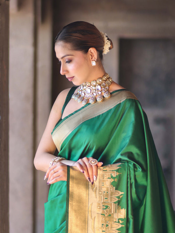 Banarasee Handloom Plain Semi Katan Saree With Ganga Ghat Zari Border-Green