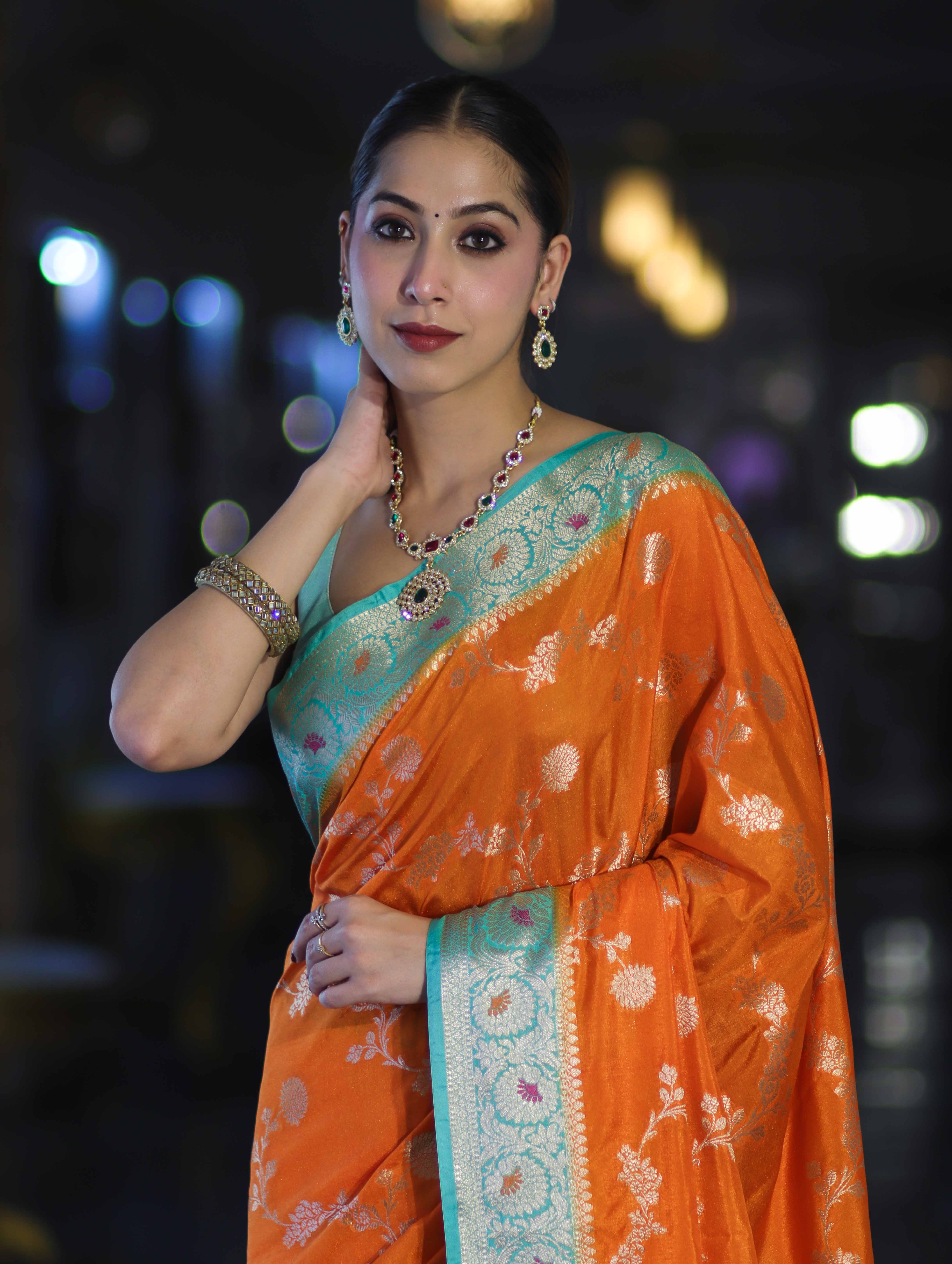 Banarasee Handloom Semi Silk Saree With Zari Woven Design & Contrast Border-Orange