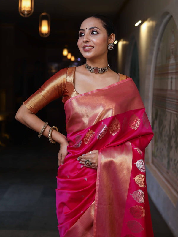 Banarasee Handloom Semi Silk Saree With Sona Rupa Zari Buti Design & Contrast Border-Fuchsia Pink