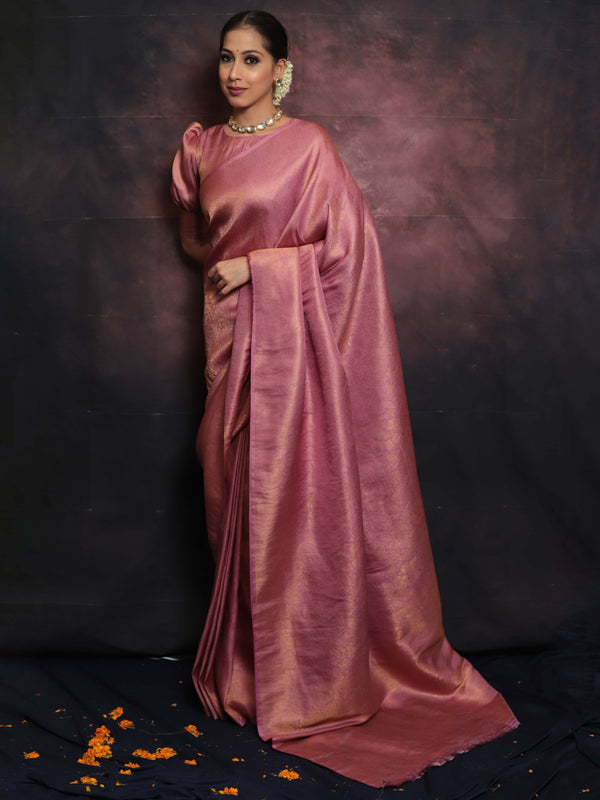 Banarasee Kubera Pattu Soft Silk Saree With Copper Zari Work-Rose Pink