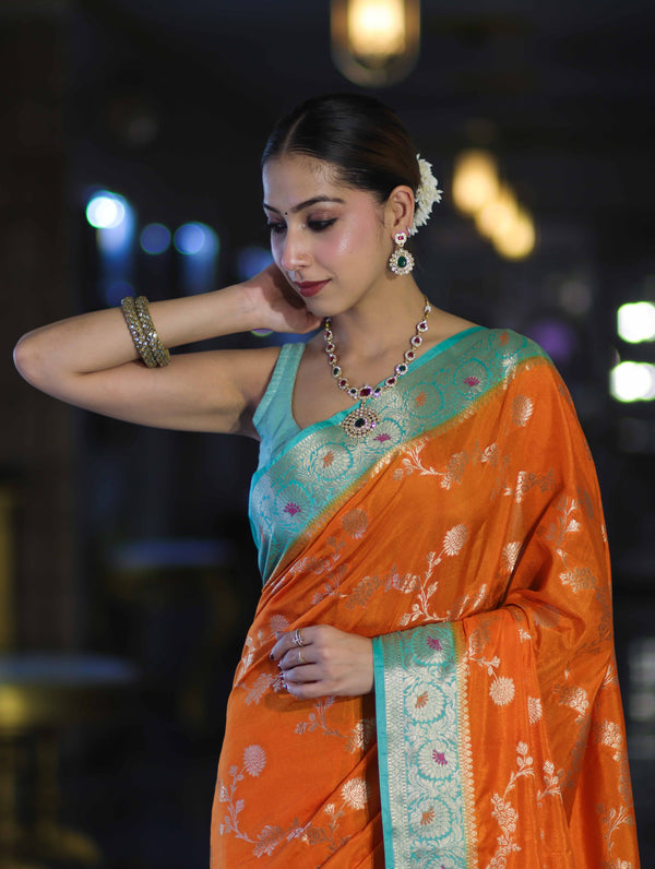 Banarasee Handloom Semi Silk Saree With Zari Woven Design & Contrast Border-Orange