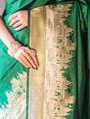 Banarasee Handloom Plain Semi Katan Saree With Ganga Ghat Zari Border-Green