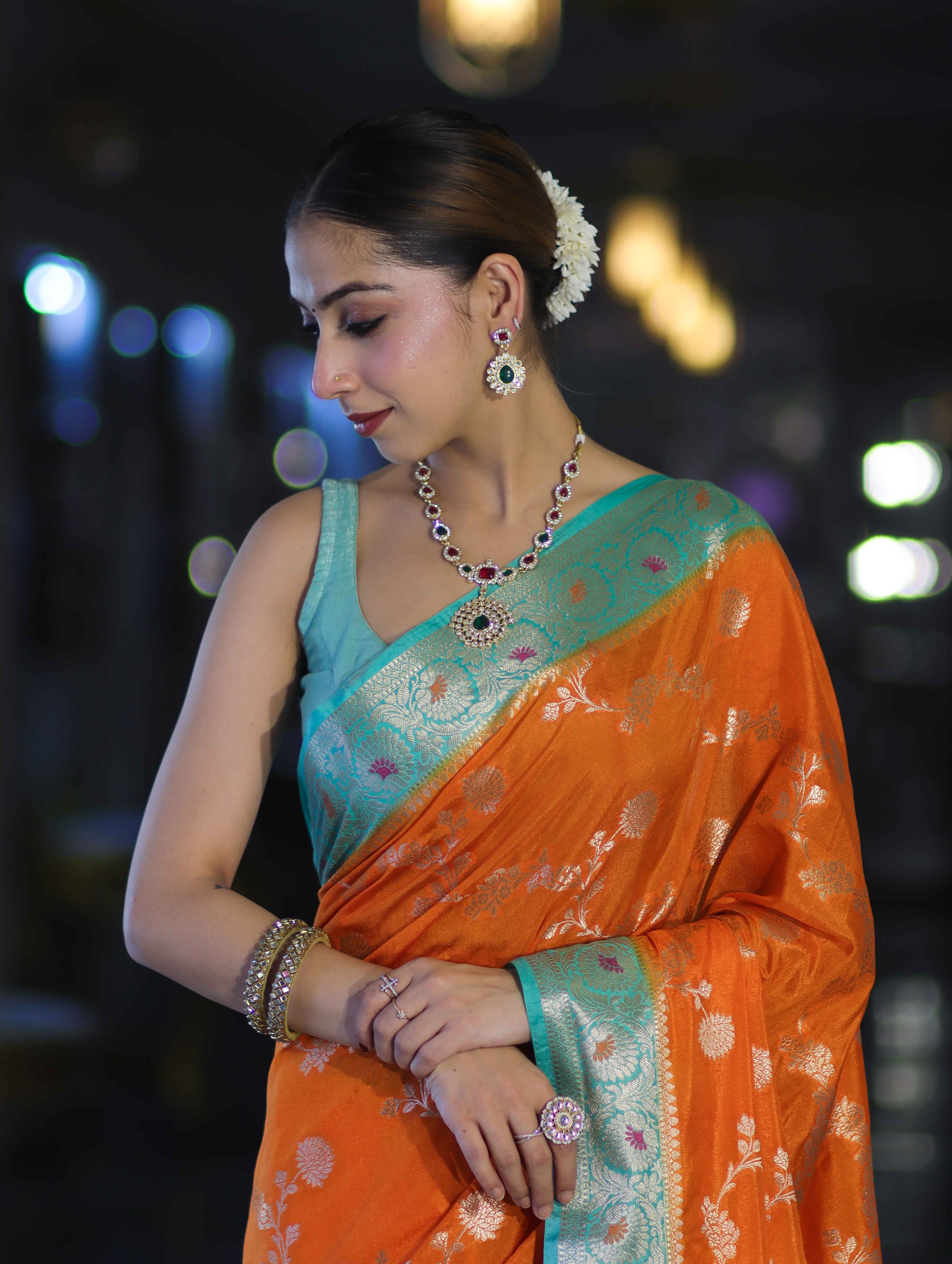 Banarasee Handloom Semi Silk Saree With Zari Woven Design & Contrast Border-Orange