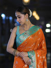 Banarasee Handloom Semi Silk Saree With Zari Woven Design & Contrast Border-Orange