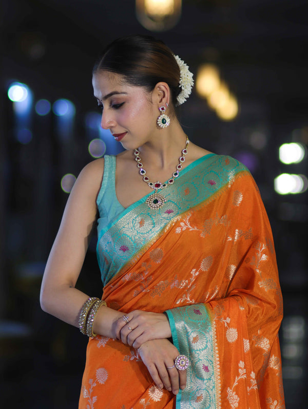 Banarasee Handloom Semi Silk Saree With Zari Woven Design & Contrast Border-Orange