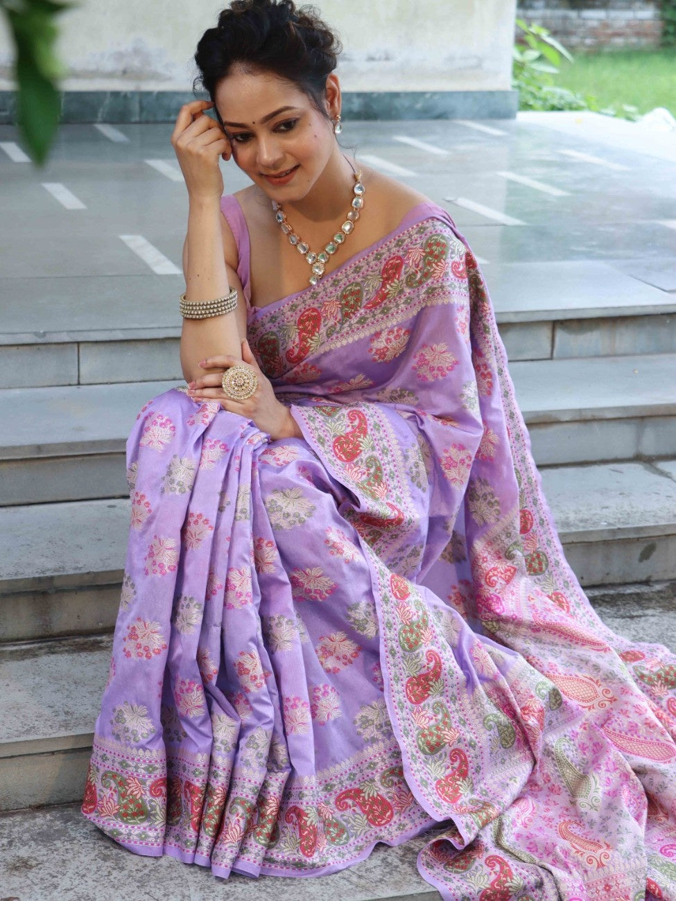 Banarasee Semi Georgette Saree With Resham Buta Design & Border-Pastel Purple