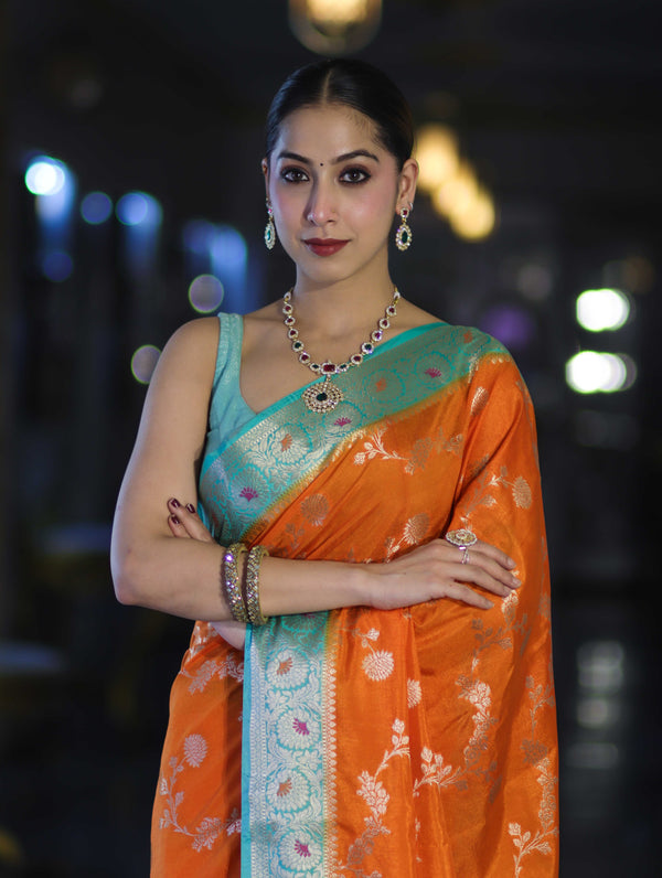 Banarasee Handloom Semi Silk Saree With Zari Woven Design & Contrast Border-Orange